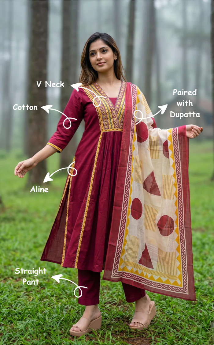 Hananya Wine V Neck Embroidery Aline Kurti